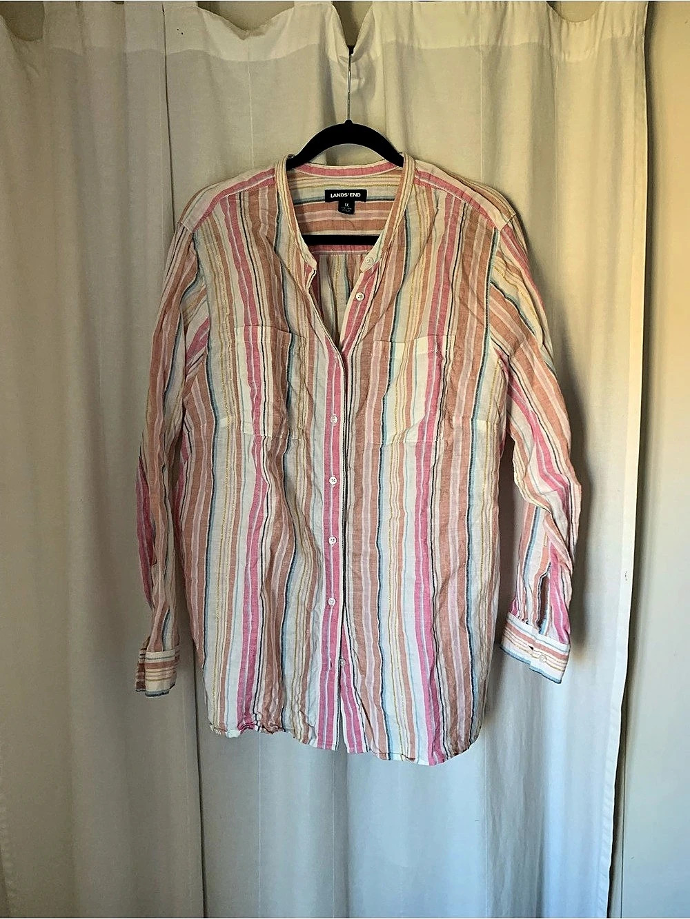 Lands' End Linen Roll Sleeve Relaxed Tunic Top Striped Linen Blend Button Down